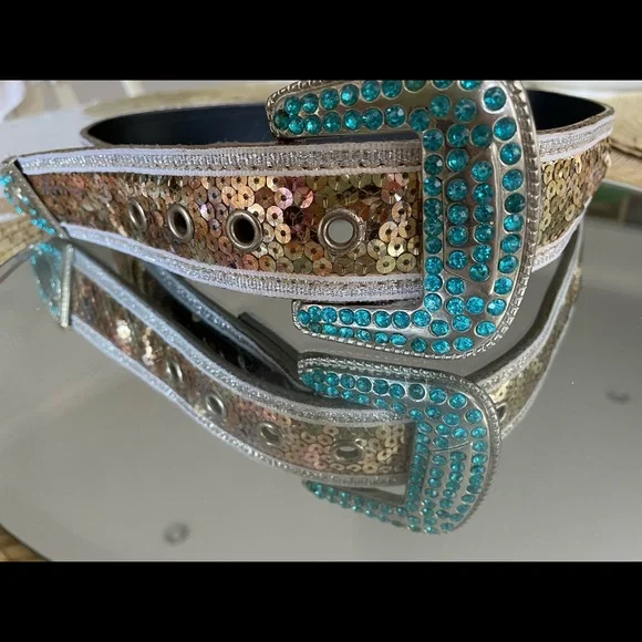 Vintage blue rhinestone and gold sequin belt -small - Picture 1 of 7